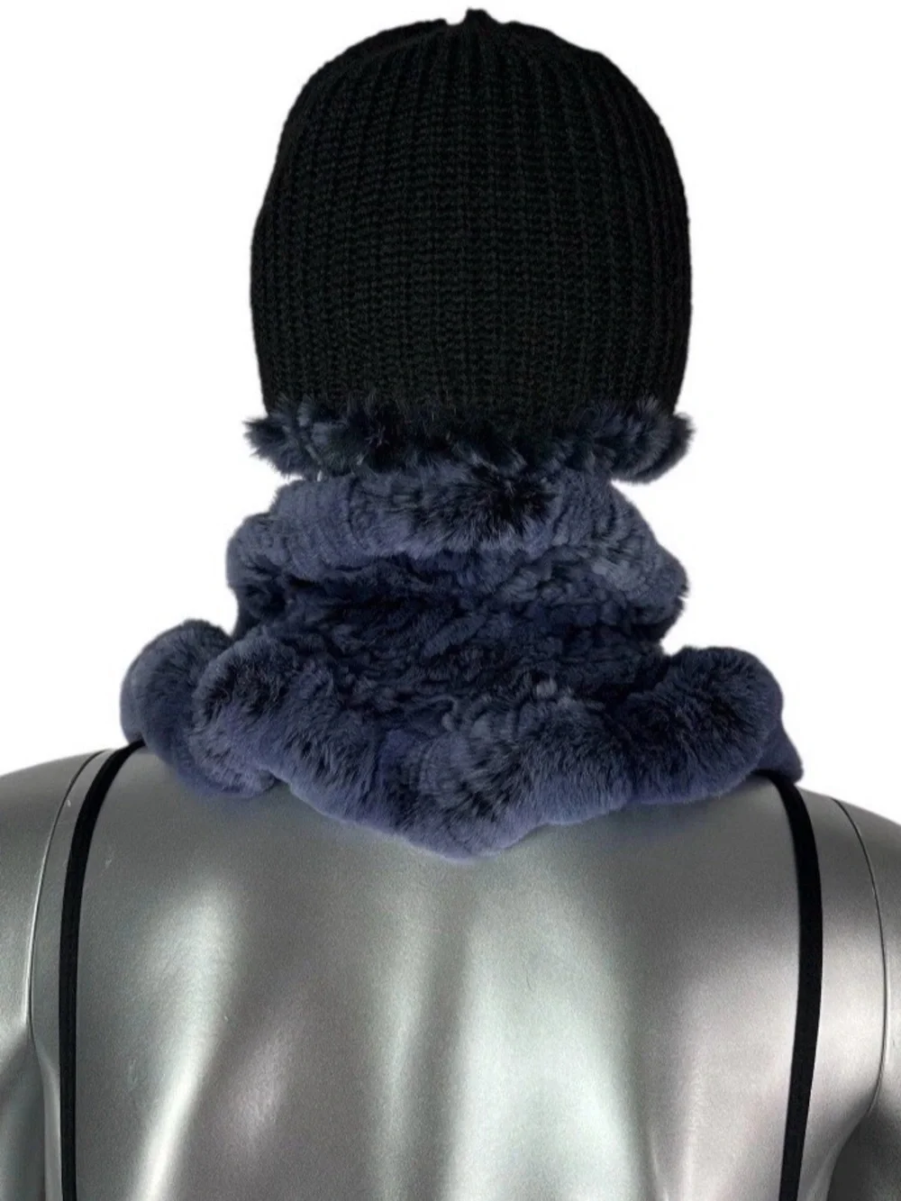 Blue REX RABBIT Hat & Scarf w/Rosettes,Sz 21”-23” Stretch, Certified Vintage Fur